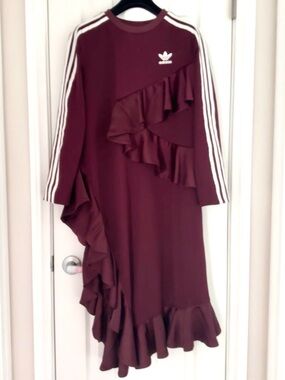 Adidas X J KOO Burgundy Asymmetrical Ruffle Dress with Stripes